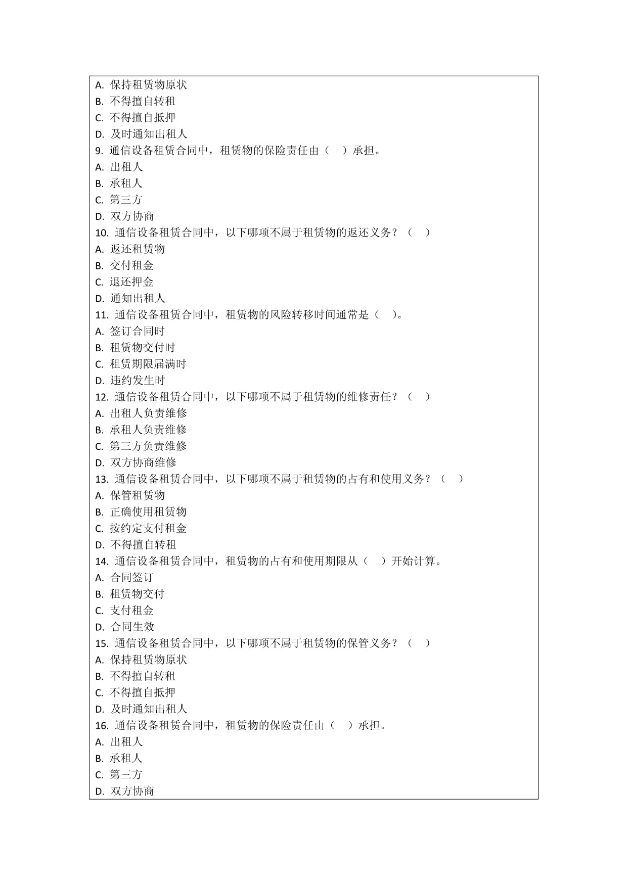通信设备租赁合同违约责任考核试卷