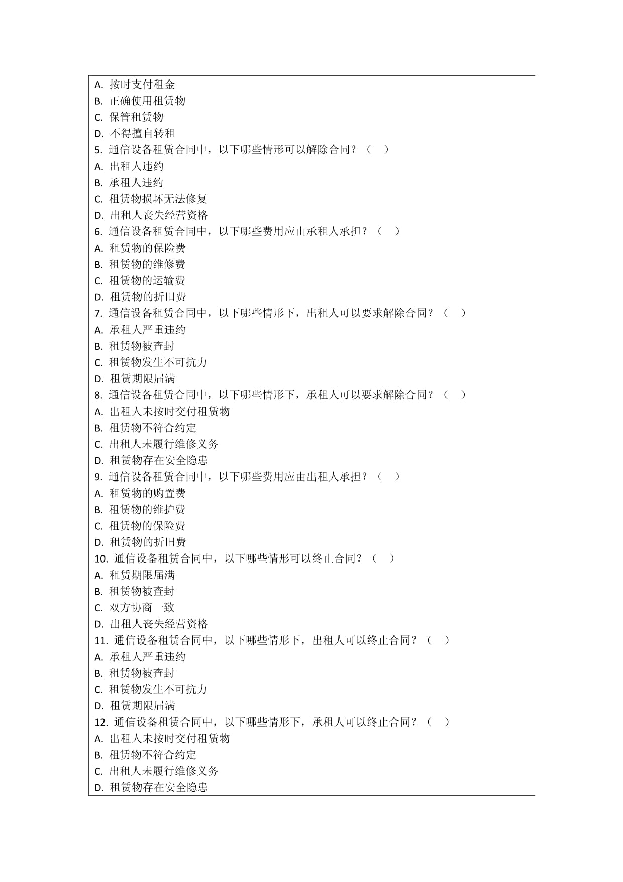 通信设备租赁合同违约责任考核试卷